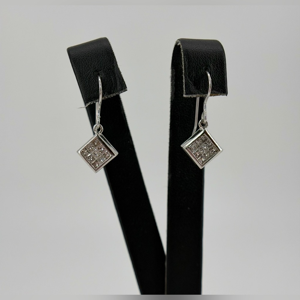 14K White Gold Princess Cut Diamond Drop Earrings Dangle Square Cluster